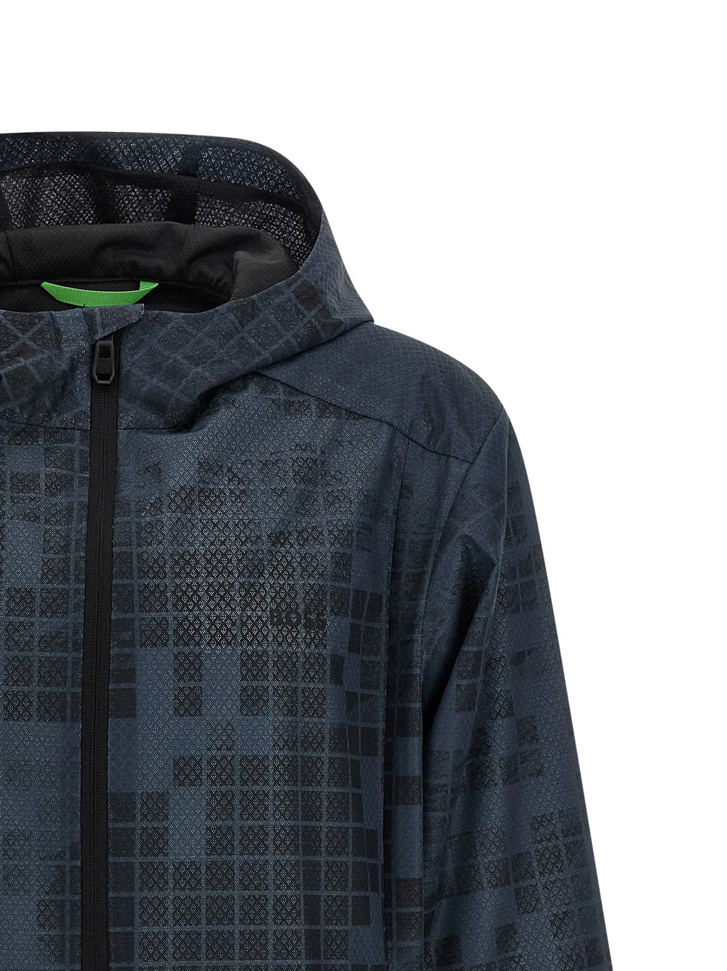 Veste à capuche hugo boss bleu foncé en matière shell caoutchoutée avec motif géométrique discret et fermeture éclair noire