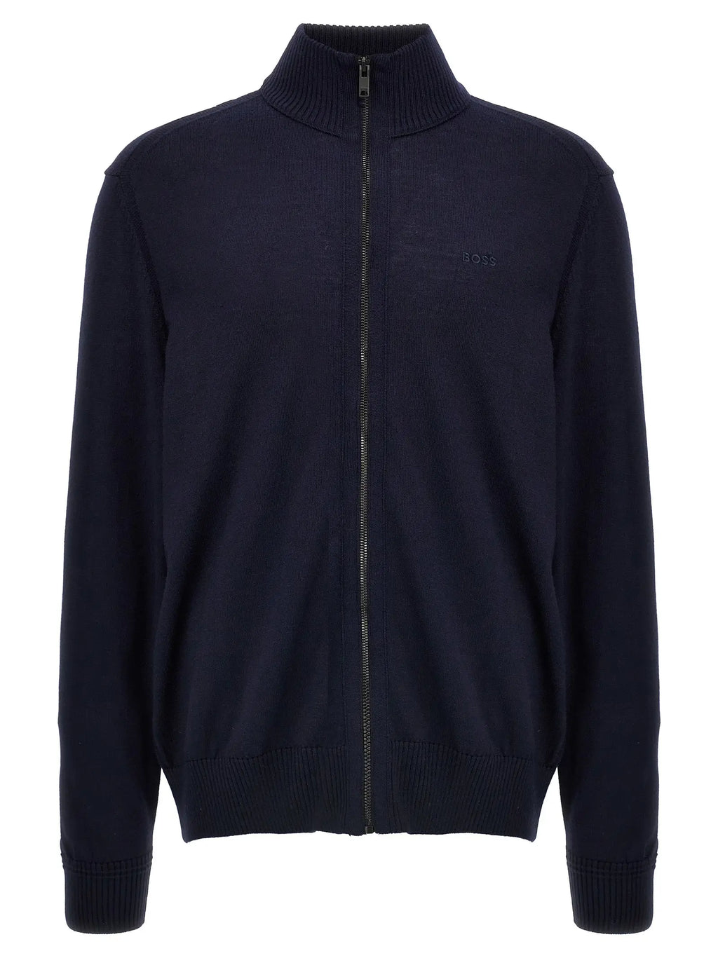 Gilet en laine bleu hugo boss zippé avec col, poignets et ourlet côtelés style cardigan