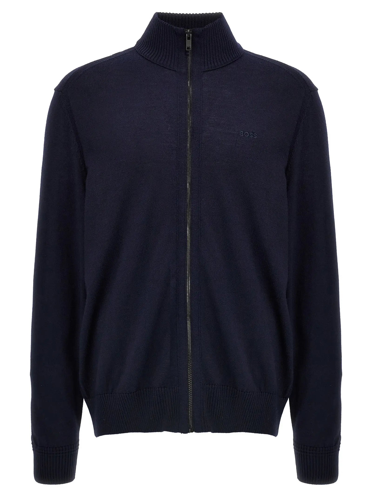 Gilet en laine bleu hugo boss zippé avec col, poignets et ourlet côtelés style cardigan