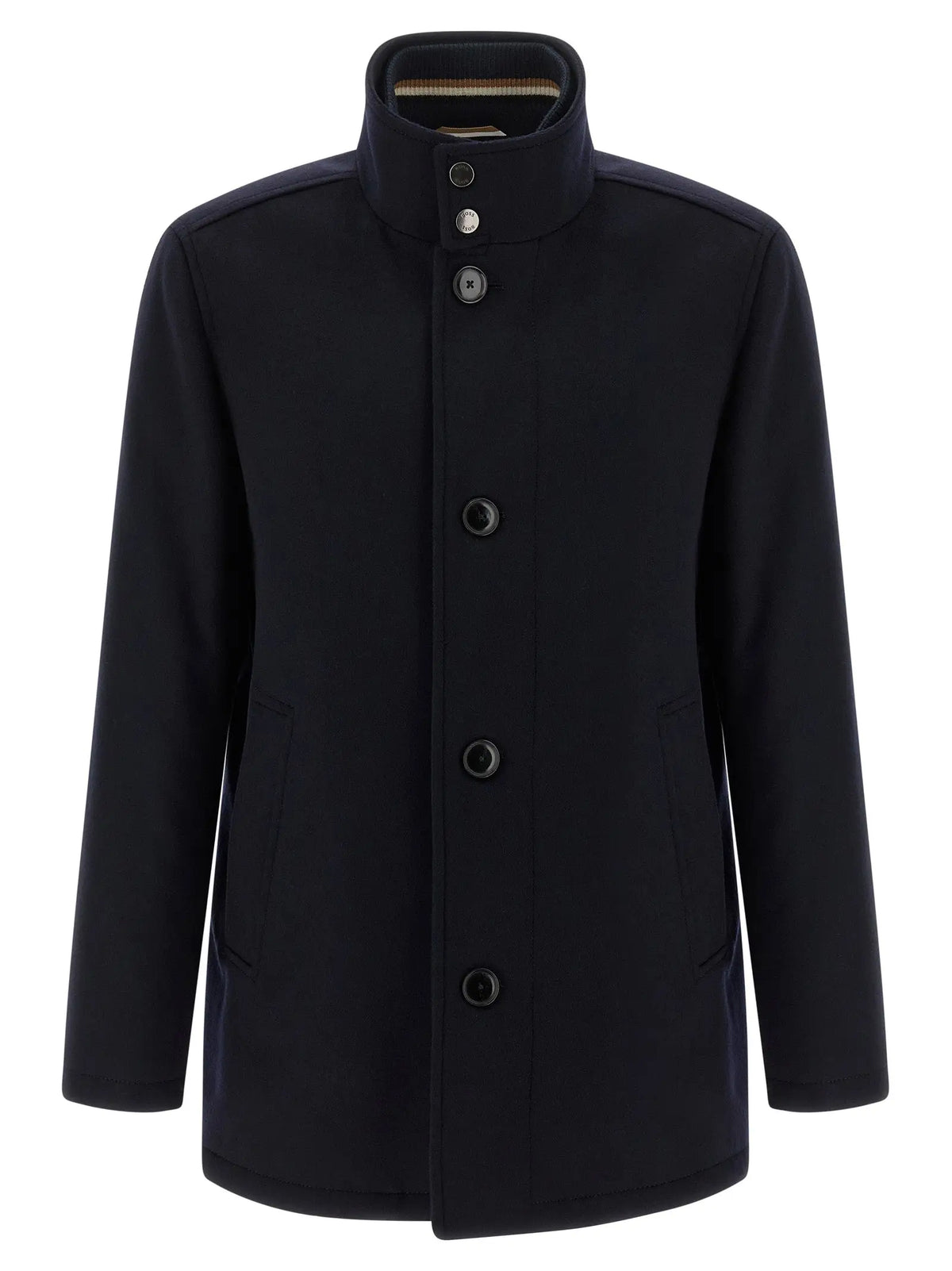 Manteau homme hugo boss bleu en laine mélangée noir avec col montant et boutons foncés