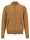 Cardigan hugo boss en laine vierge marron camel avec col montant et fermeture éclair en tricot côtelé