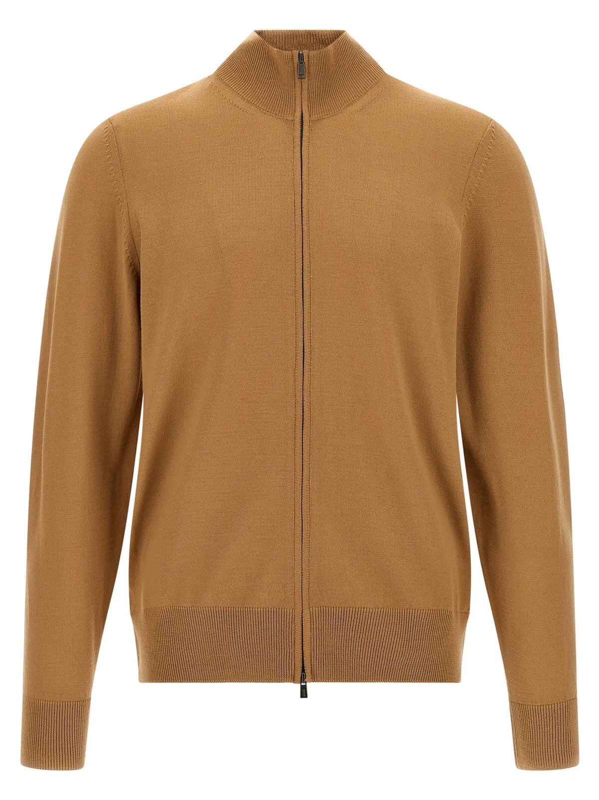 Cardigan hugo boss en laine vierge marron camel avec col montant et fermeture éclair en tricot côtelé