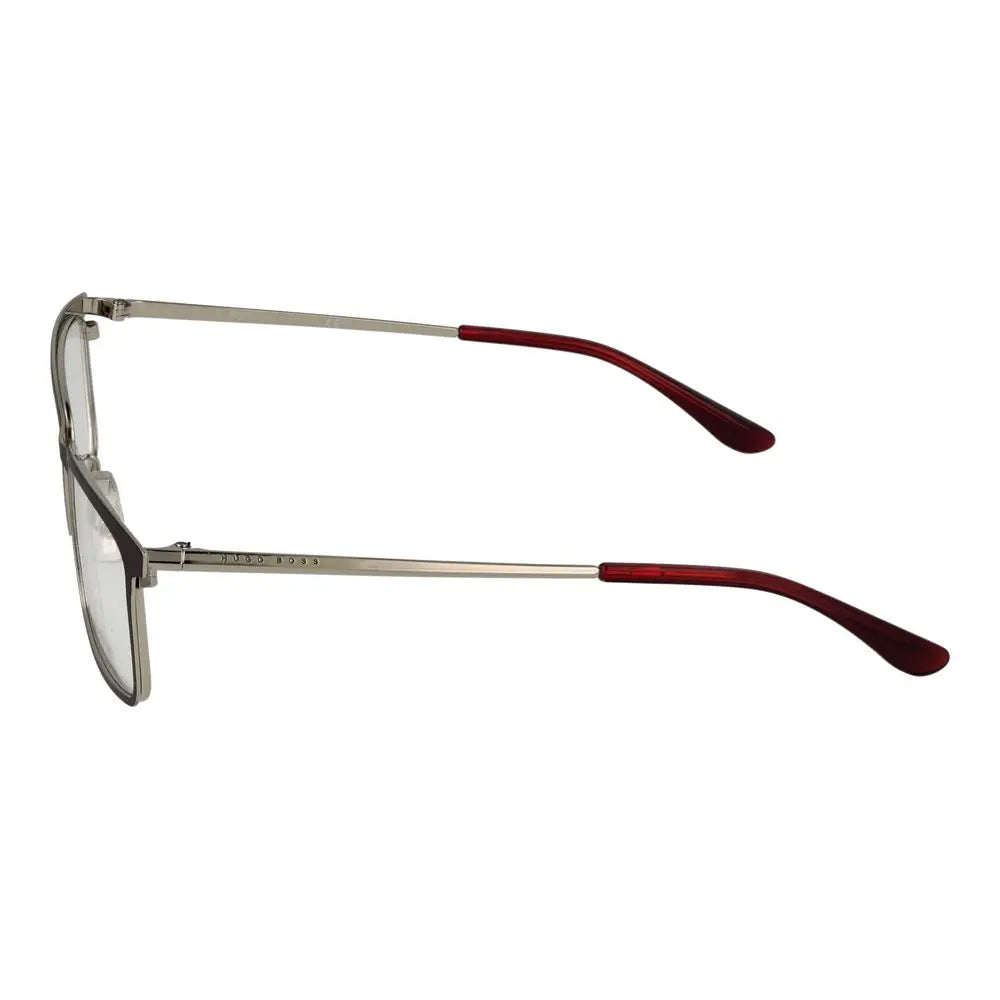 Lunettes rectangulaires hugo boss en acier inoxydable argent et bordeaux au design moderne et élégant