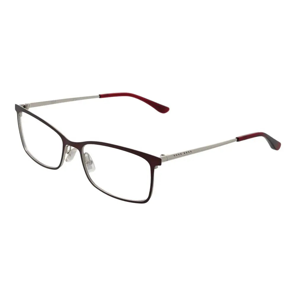 Lunettes hugo boss en acier inoxydable bordeaux avec monture rectangulaire métallique argentée moderne
