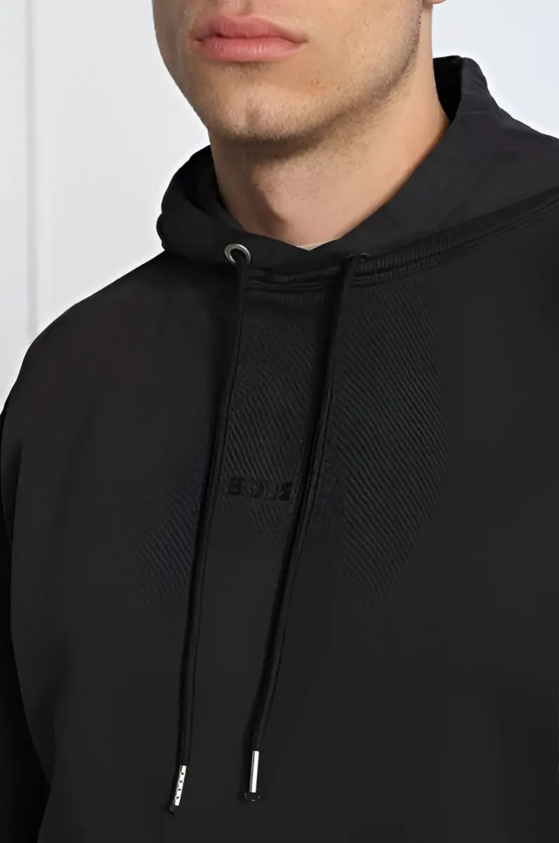 Sweat à capuche hugo boss bleu foncé en coton avec logo discret et cordons, vue avant, texture noire