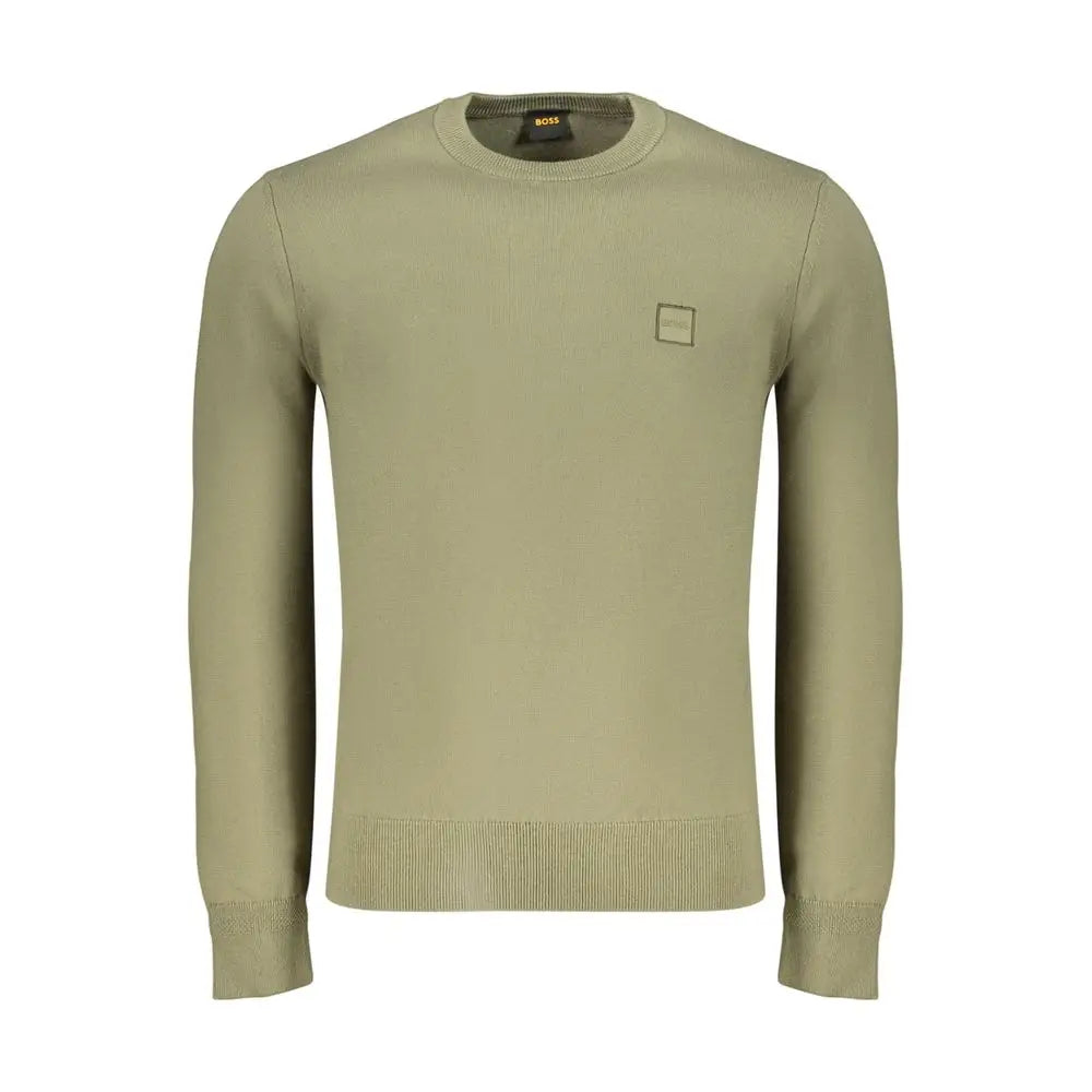 Pull en maille vert olive hugo boss green cotton pour homme avec logo carré subtil sur la poitrine et poignets côtelés