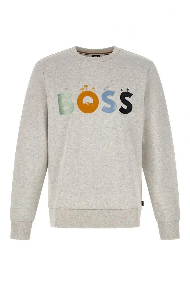 Sweatshirt hugo boss en coton gris chiné avec logo boss coloré stylisé avec palmiers et étoiles sur chaque lettre