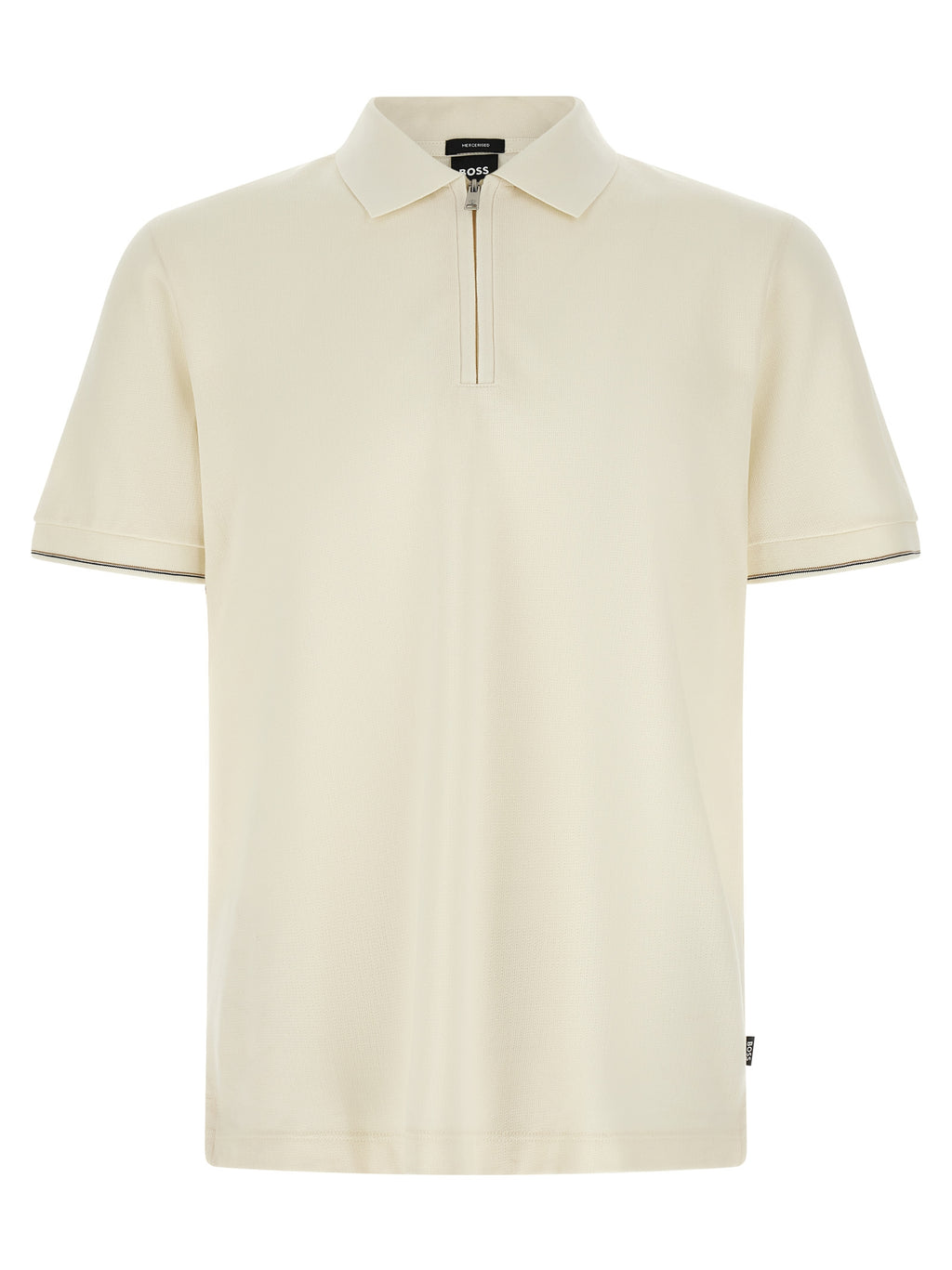 Chemise polo en coton beige de la marque Hugo Boss, vue de face, avec col et boutons visibles.