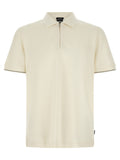 Chemise polo en coton beige de la marque Hugo Boss, vue de face, avec col et boutons visibles.
