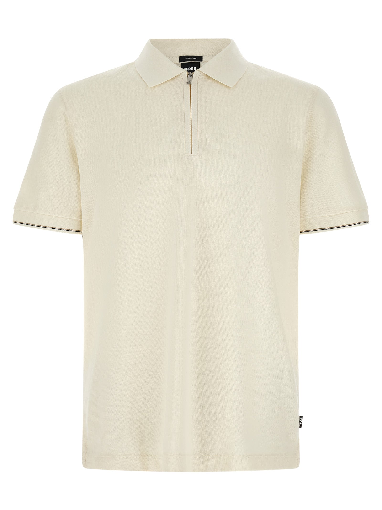Chemise polo en coton beige de la marque Hugo Boss, vue de face, avec col et boutons visibles.