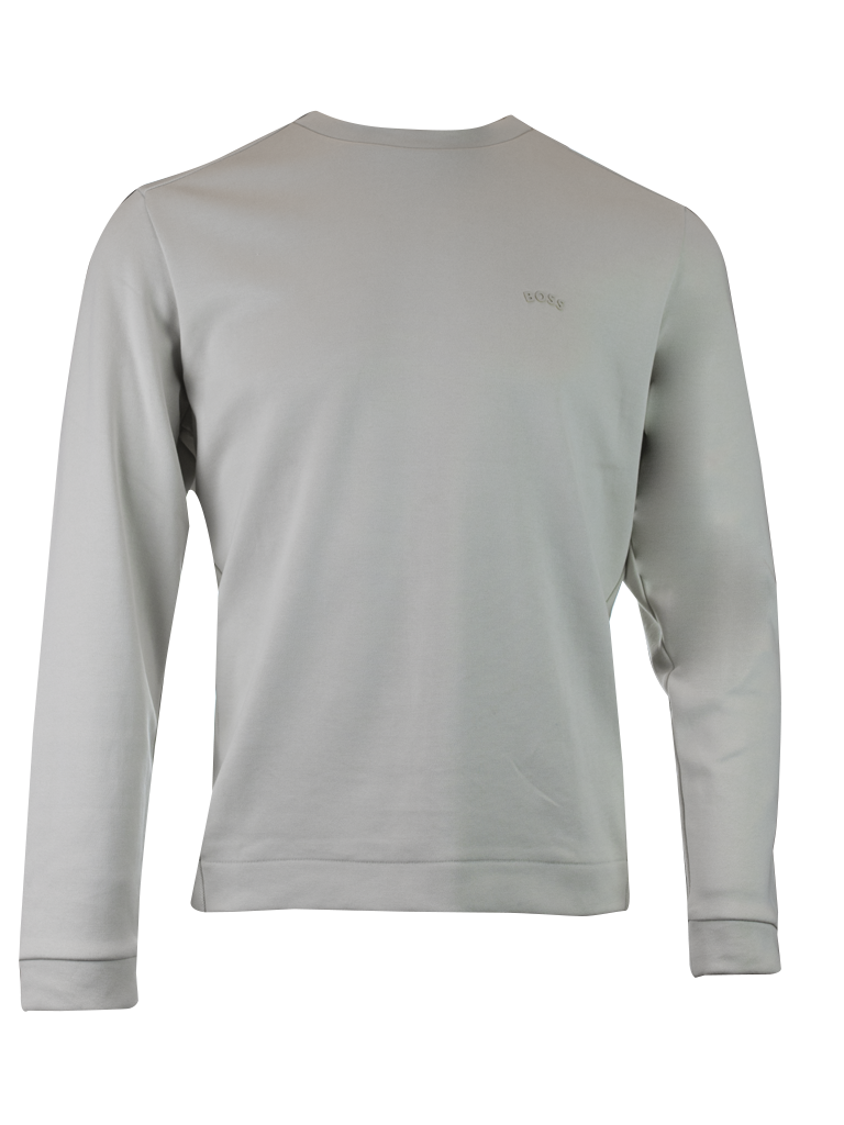 Sweatshirt beige en coton de Hugo Boss avec col rond, style décontracté et confortable, visible sur l'image.