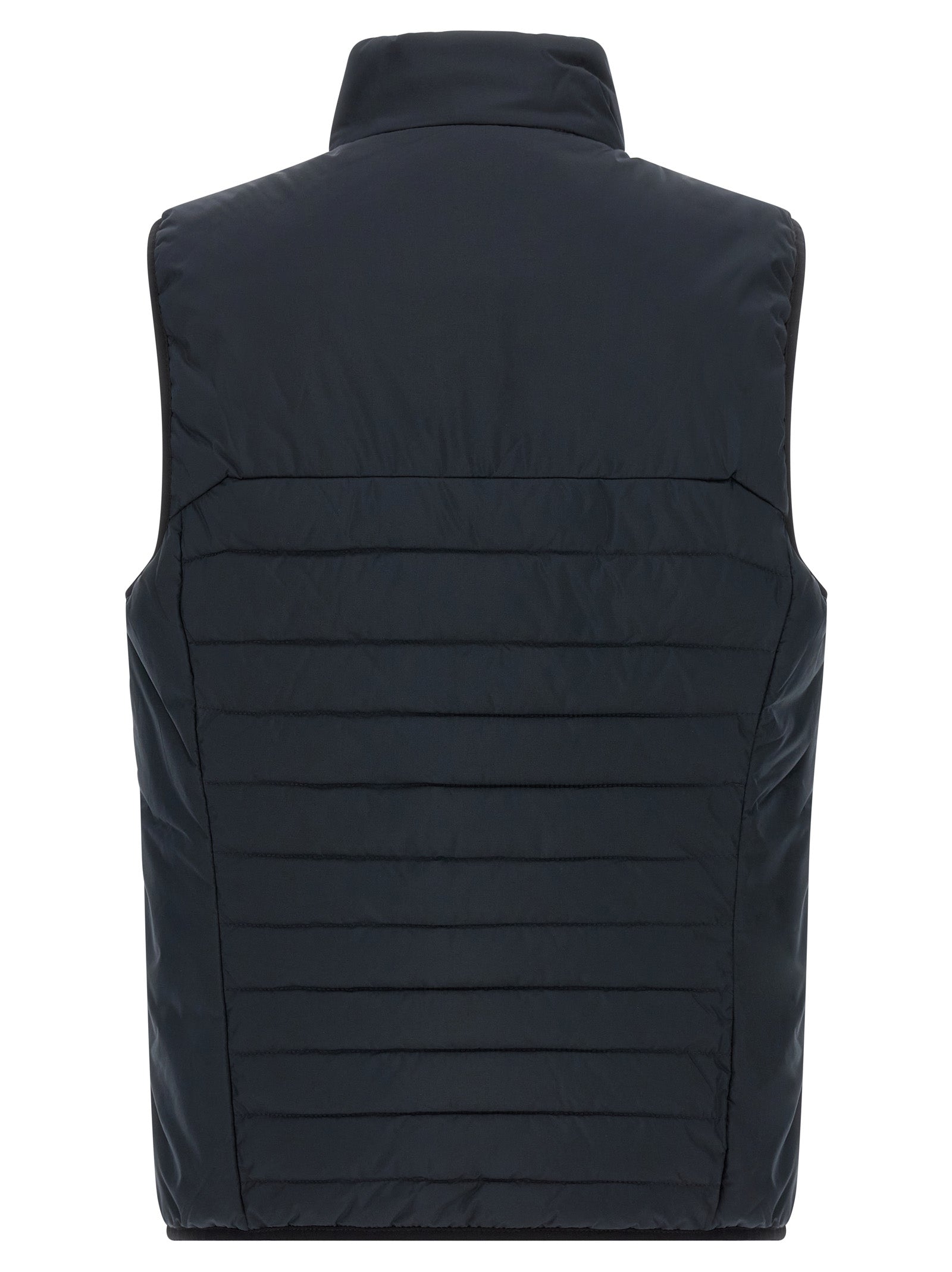 Veste sans manches en polyester bleue de Hugo Boss, style moderne et élégante, visible en détail sur l'image.
