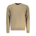 Beige pull homme hugo boss marrone en coton côtelé avec col rond et petite étiquette carrée sur la poitrine