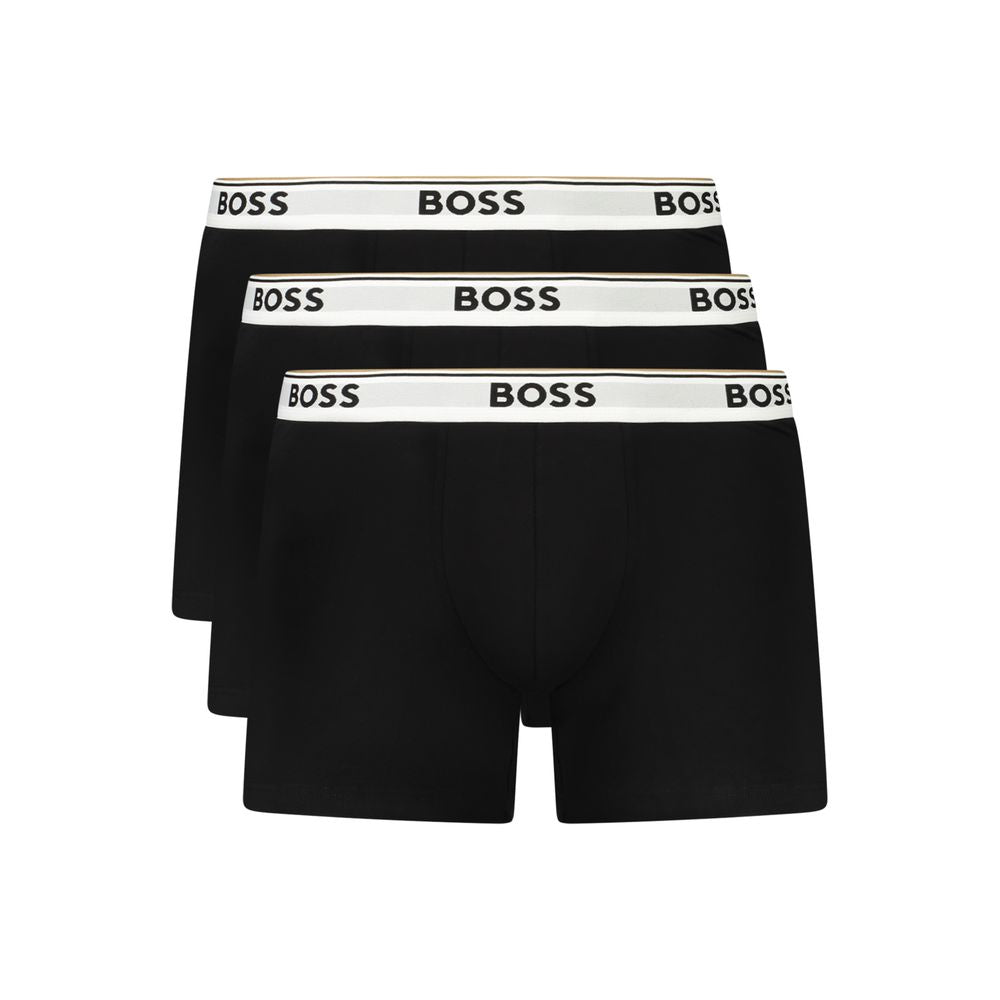 Boxers pour hommes en coton noir de la marque Hugo Boss, vue montrant la texture et la coupe du produit.