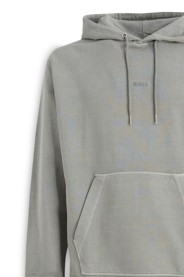 Sweat à capuche gris en coton Hugo Boss avec logo distinctif, détails de logo visibles sur le devant.