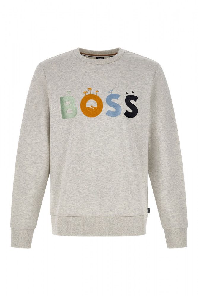 Sweat-shirt gris en coton de Hugo Boss avec détails de logo, manches longues et coupe décontractée.