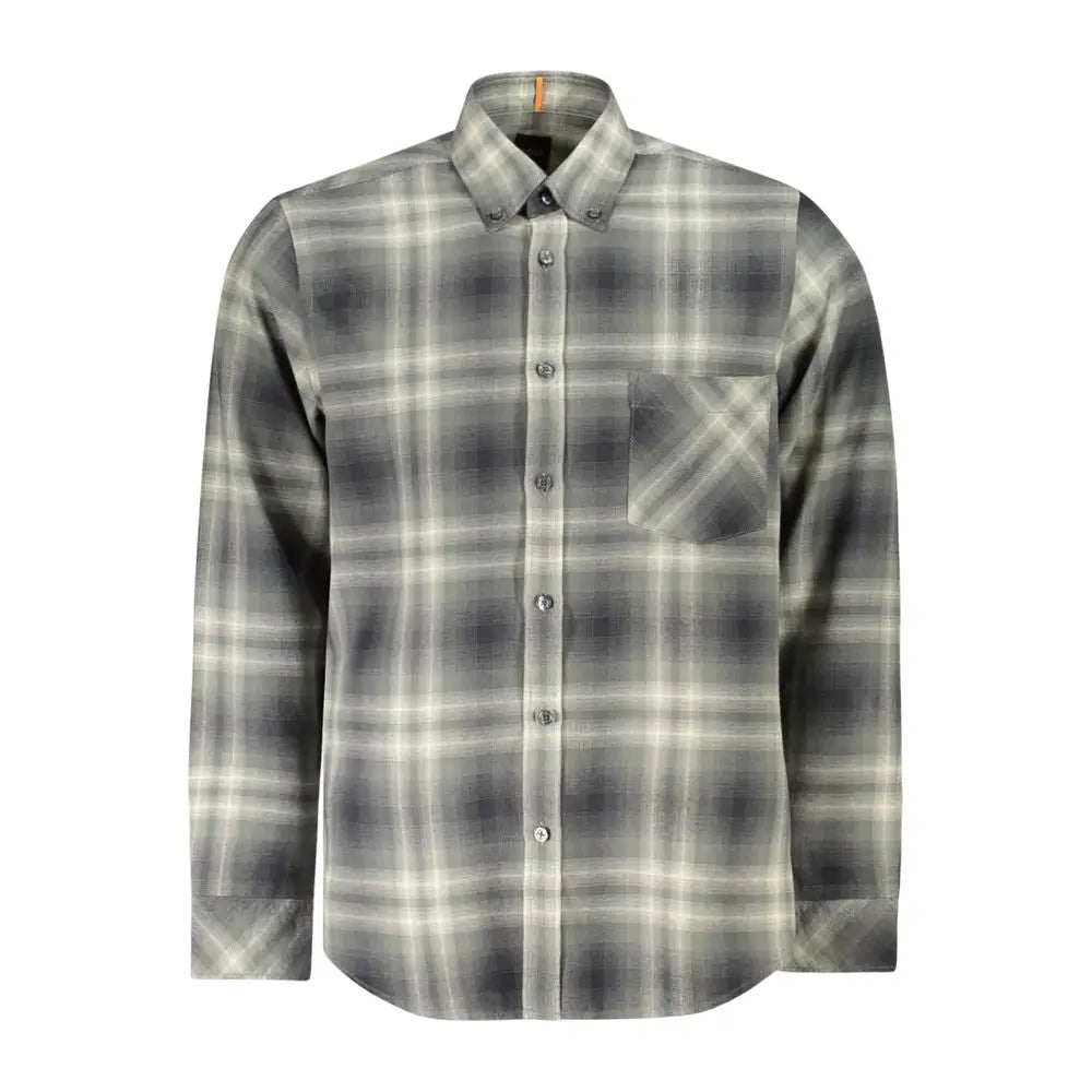 Chemise homme hugo boss verde en coton gris et blanc à manches longues col classique et poche poitrine