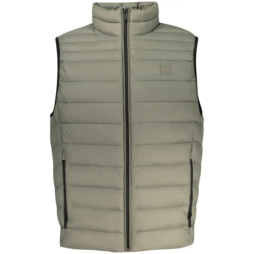 Veste matelassée kaki olive hugo boss en polyamide pour homme avec fermeture éclair noire et patch logo sur la poitrine