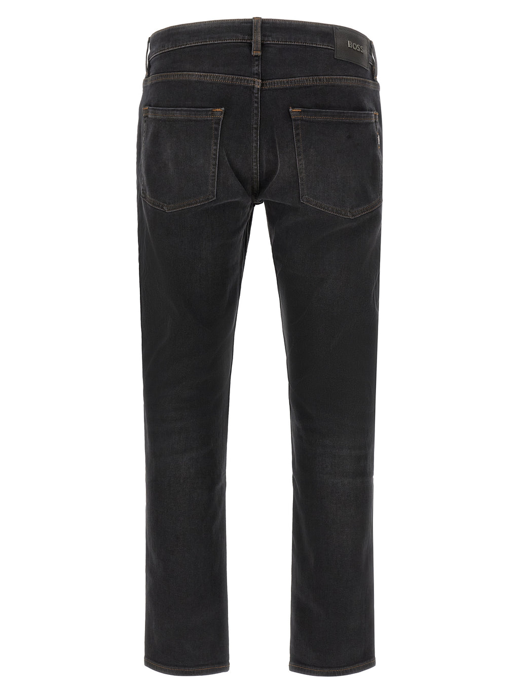 Jeans droits en coton noir de Hugo Boss, style classique et ajusté, visibles avec détails de couture et fermeture éclair.