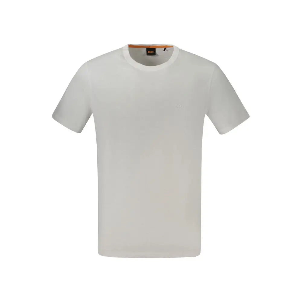 T-shirt homme hugo boss blanc en coton minimaliste avec col rond classique et étiquette orange intérieure