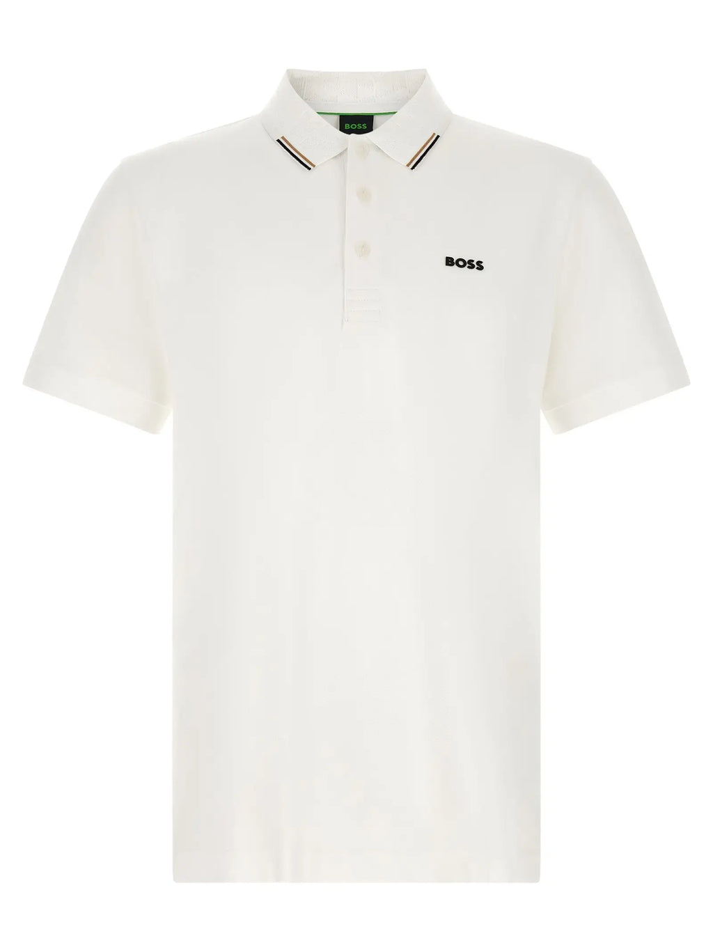 Polo blanc en coton hugo boss avec logo boss brodé noir et bordure rayée contrastée sur le col