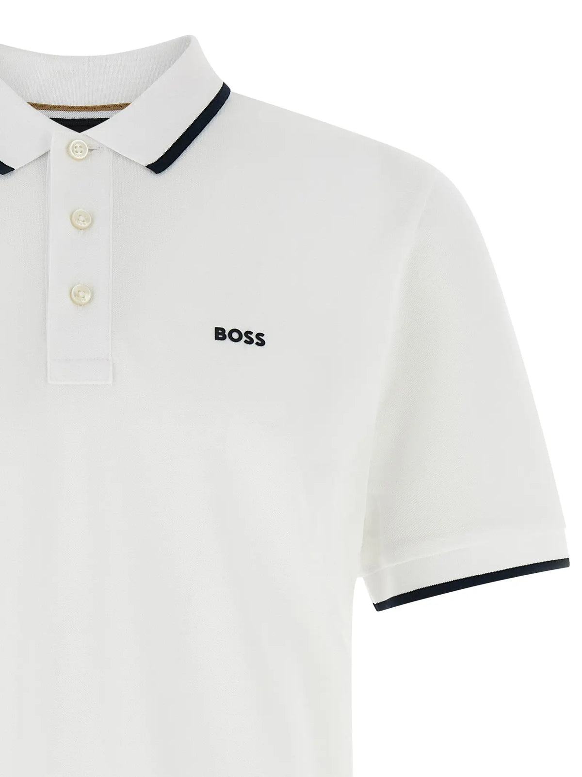 Polo blanc en coton hugo boss avec col et manches à bord noir et logo boss brodé sur la poitrine