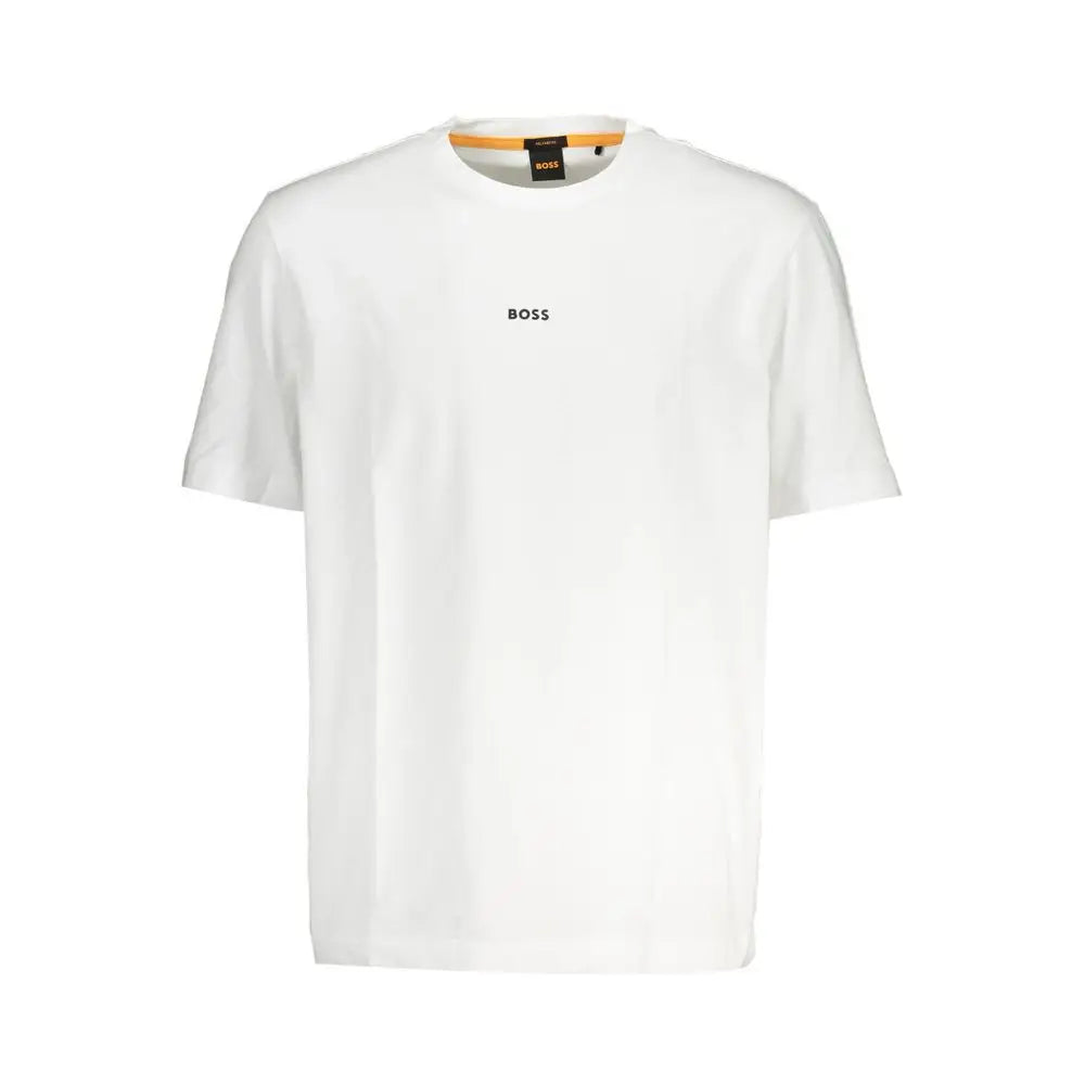 T-shirt homme blanc hugo boss en coton bio avec logo noir minimaliste et col bordé orange