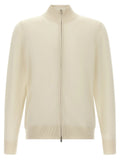 Cardigan hugo boss blanc en laine vierge avec fermeture éclair crème col côtelé manches et ourlet côtelés