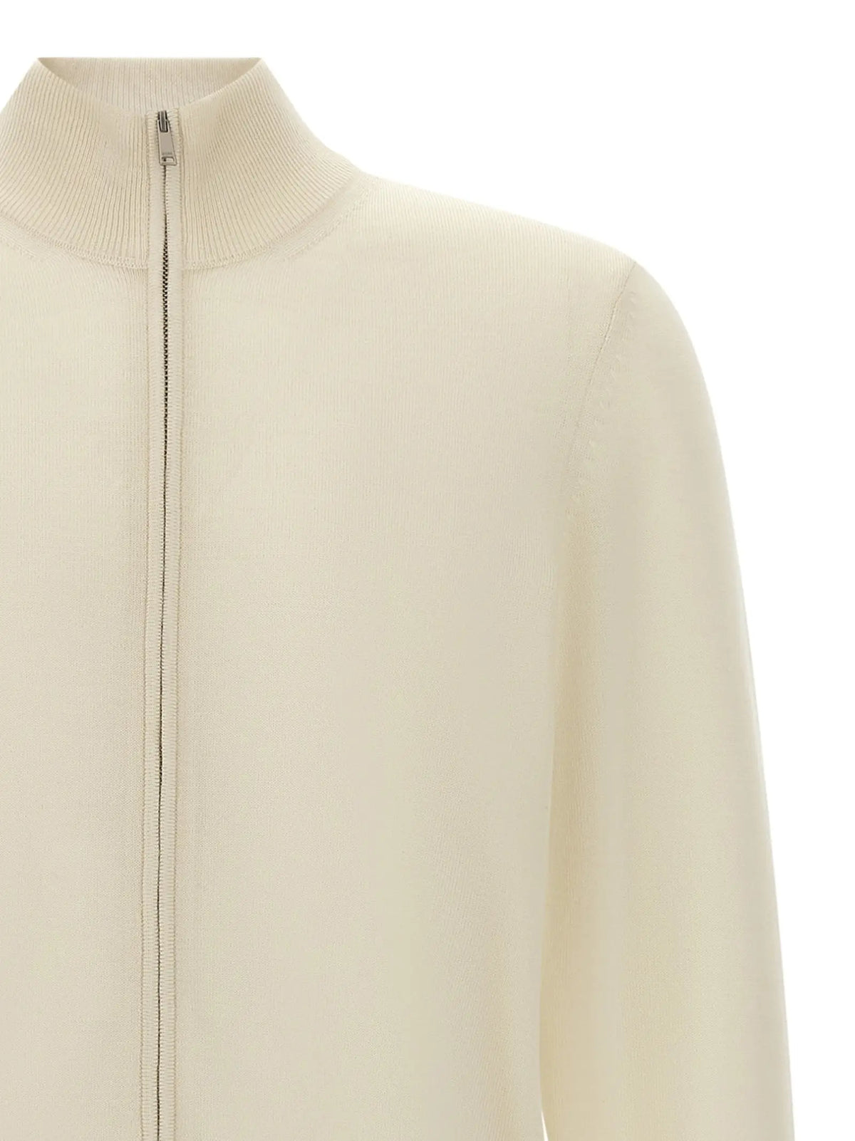 Cardigan hugo boss blanc en laine vierge avec col côtelé et tissu maille lisse crème zippé