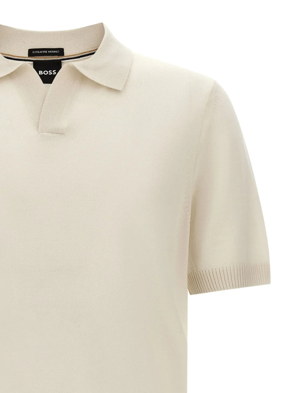 Chemise polo blanche en laine vierge hugo boss tricotée crème avec col classique et poignets côtelés