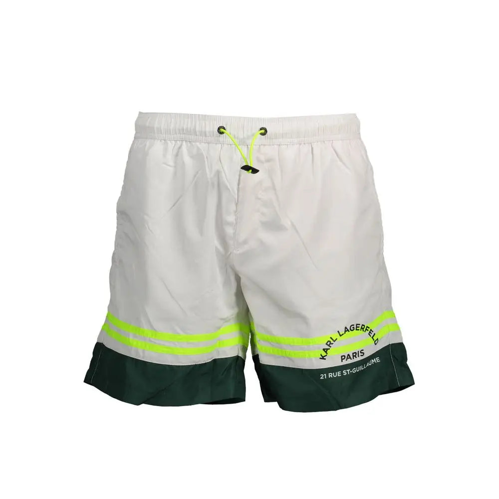 Short de bain homme karl lagerfeld bianco blanc en polyester avec bandes réfléchissantes vert néon et ourlet vert foncé