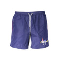 Navy blue karl lagerfeld polyester men’s swim boxer with white drawstring and colorful logo on the leg