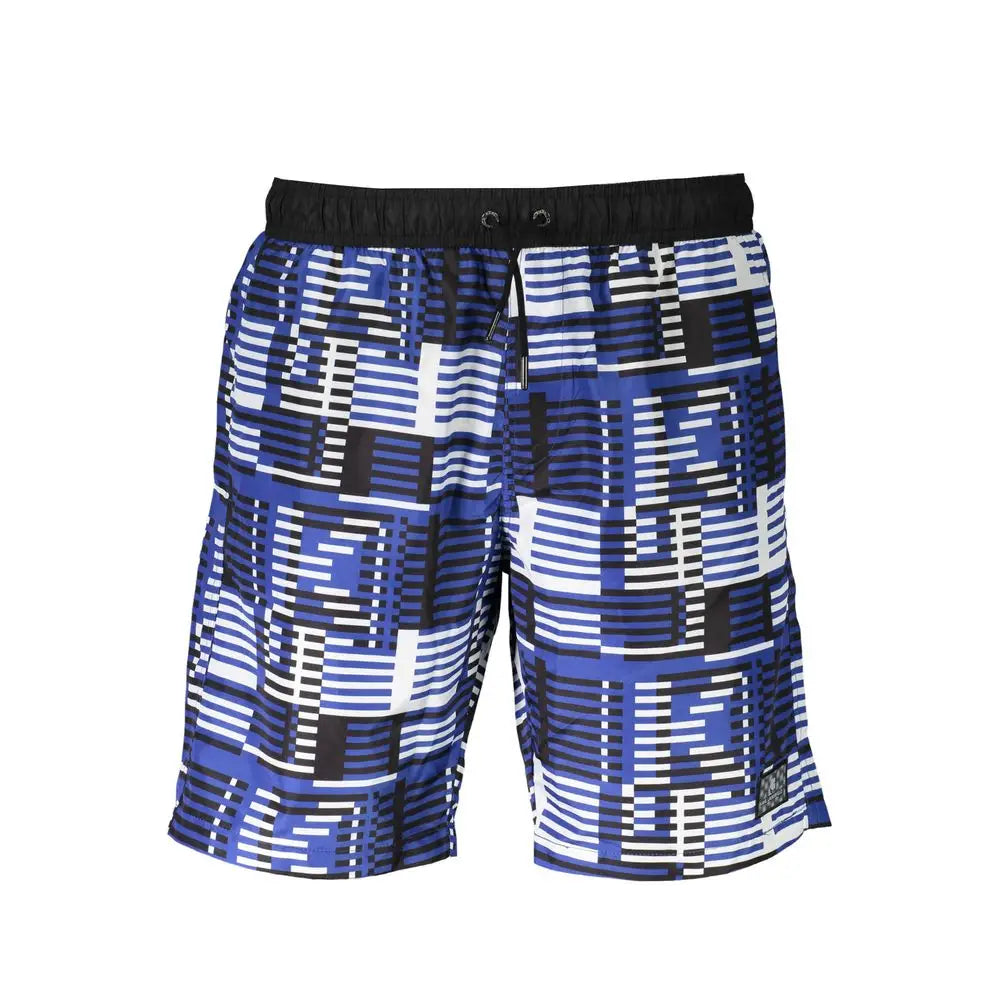 Maillot de bain homme karl lagerfeld bleu blanc noir en polyester à motif géométrique avec ceinture élastique noire