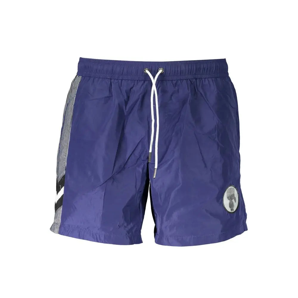 Navy bleu boxer de bain homme karl lagerfeld en polyester avec cordon blanc et panneau latéral rayé
