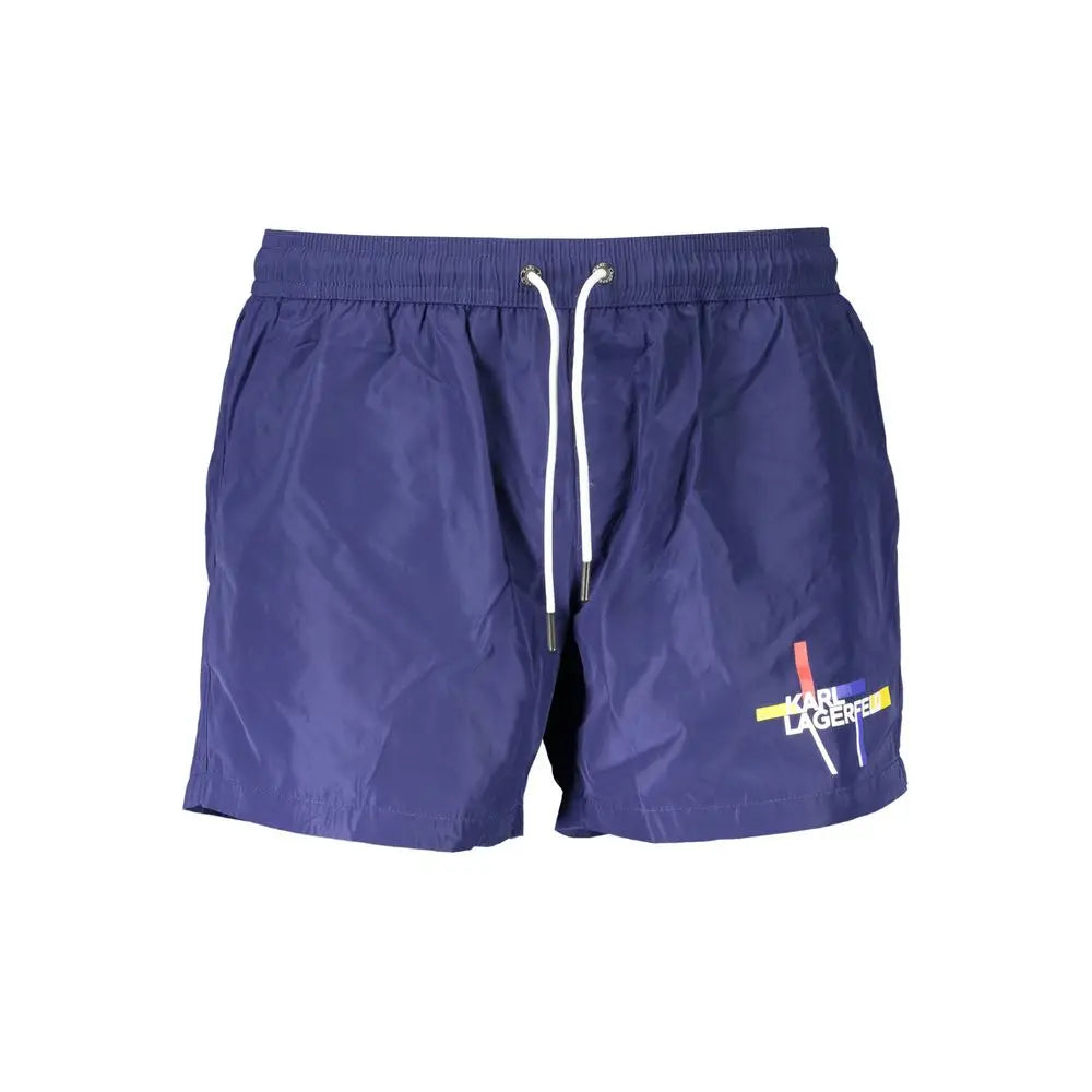 Navy blue karl lagerfeld men’s swim boxer in polyester with white drawstring and colorful logo on the side
