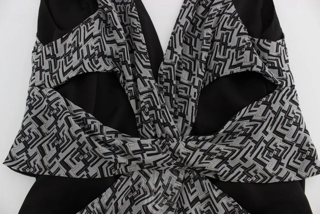Haut en soie noir et gris à motifs géométriques avec décolleté plongeant et découpes karl lagerfeld