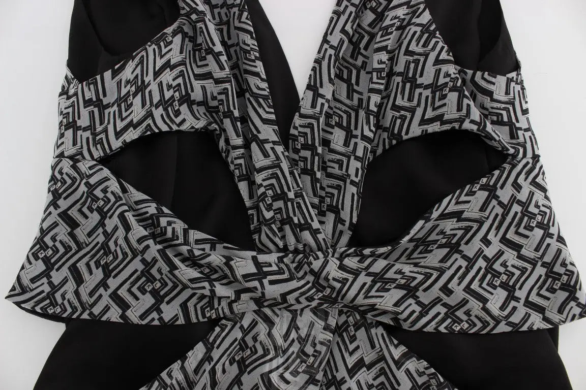 Haut en soie noir et gris à motifs géométriques avec décolleté plongeant et découpes karl lagerfeld