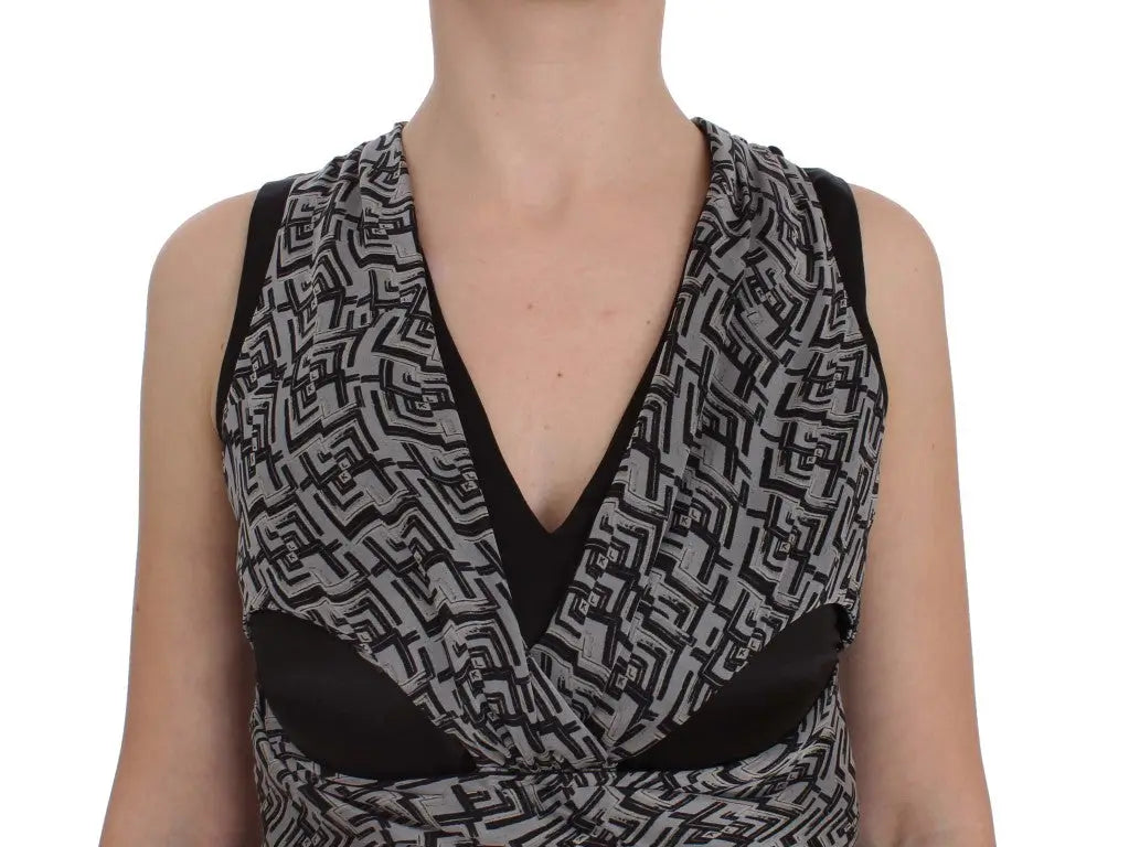 Karl lagerfeld blouse top en soie gris et noir avec motif géométrique et empiècements noirs au col et sous les bras