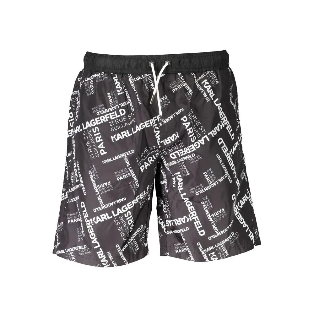 Black karl lagerfeld swim trunks in polyester with bold white repeating logo print for men