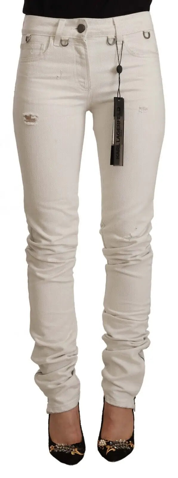 Jean skinny blanc déchiré à taille mi-haute en denim de coton avec ourlet brut et étiquette noire karl lagerfeld