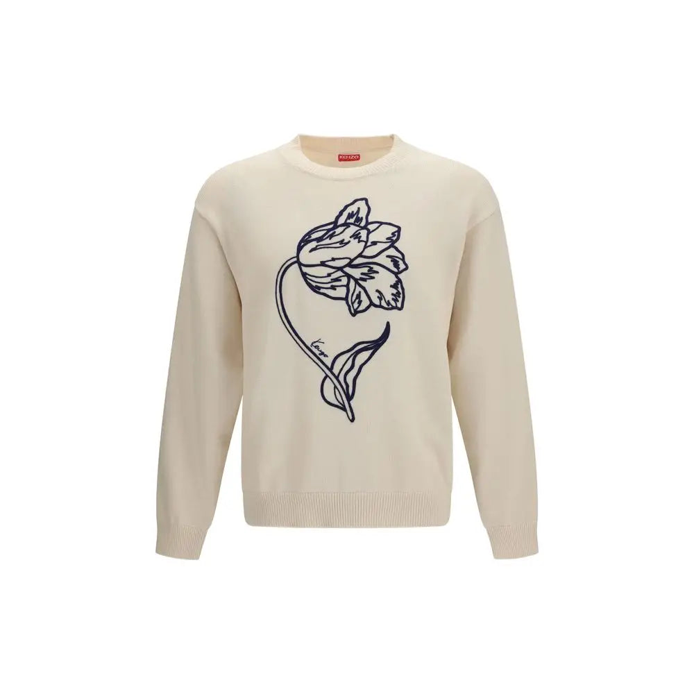 Pull en coton beige kenzo avec un motif tulipe bleu marine brodé sur le devant en tricot crème