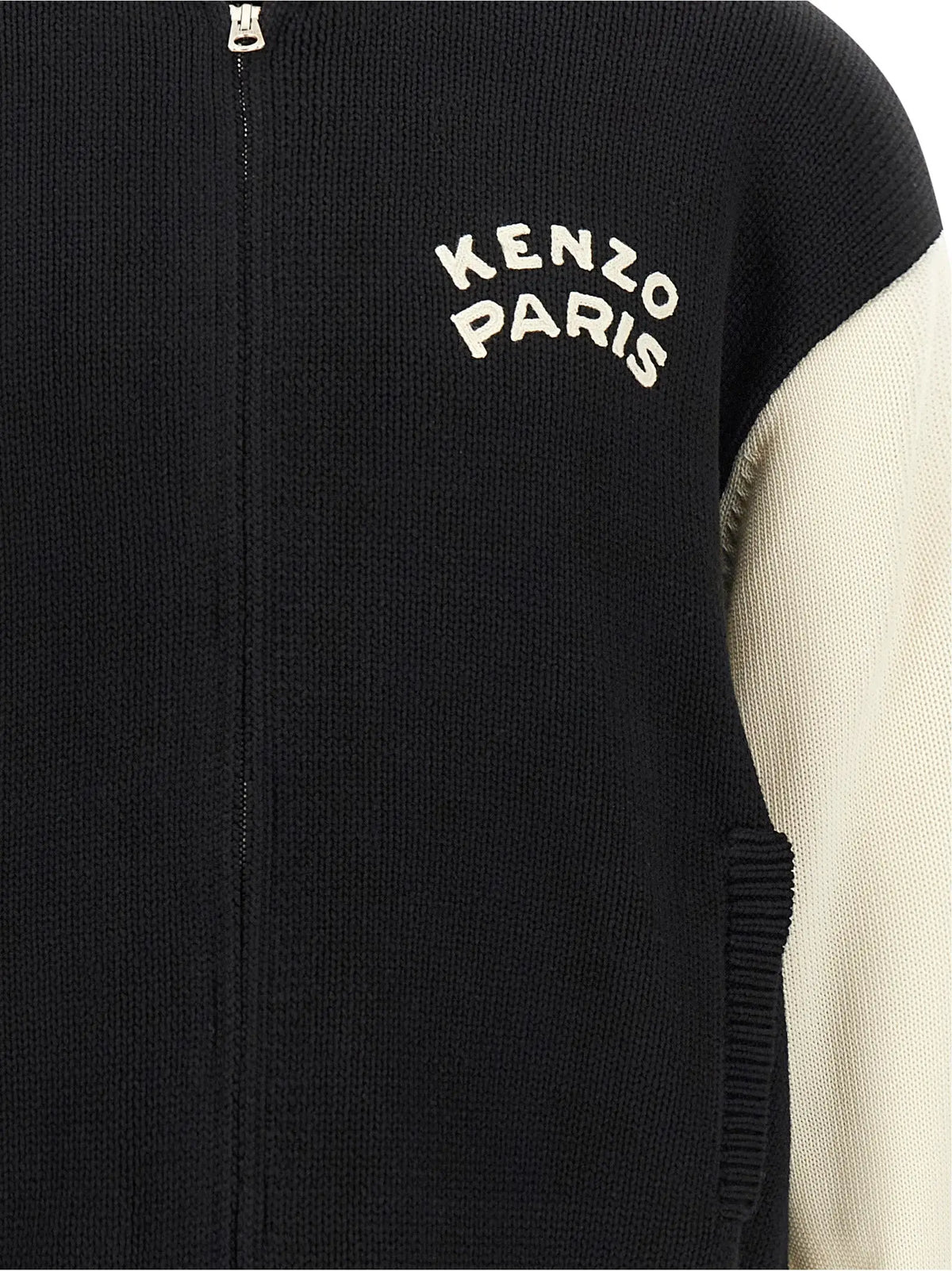 Cardigan en coton bicolore noir et crème avec fermeture éclair et broderie Kenzo Paris blanche