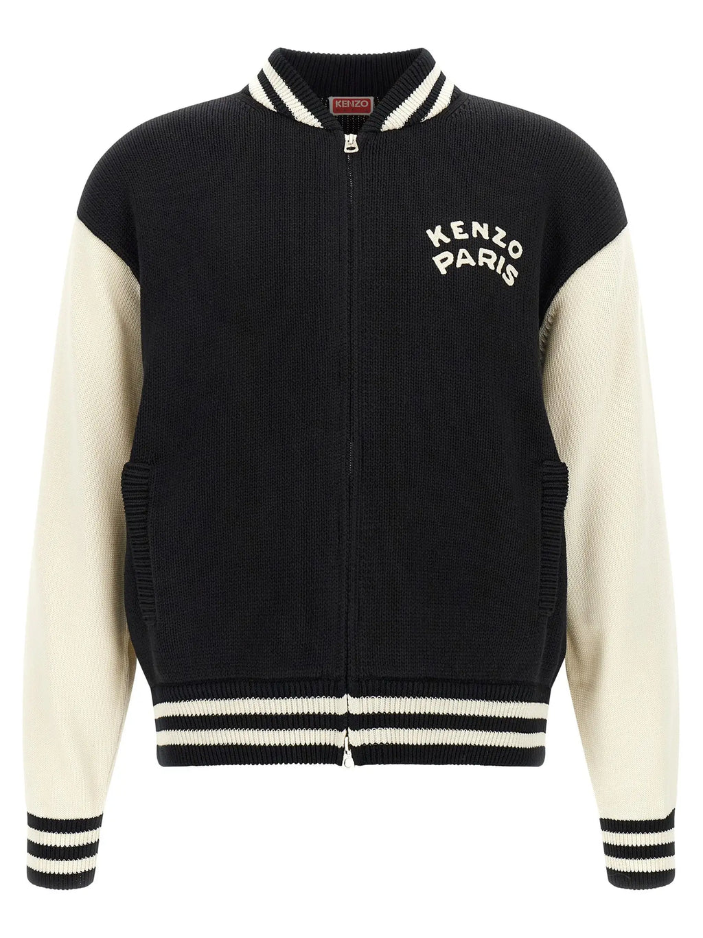 Cardigan en coton bicolore kenzo noir et crème avec logo kenzo paris brodé blanc sur la poitrine