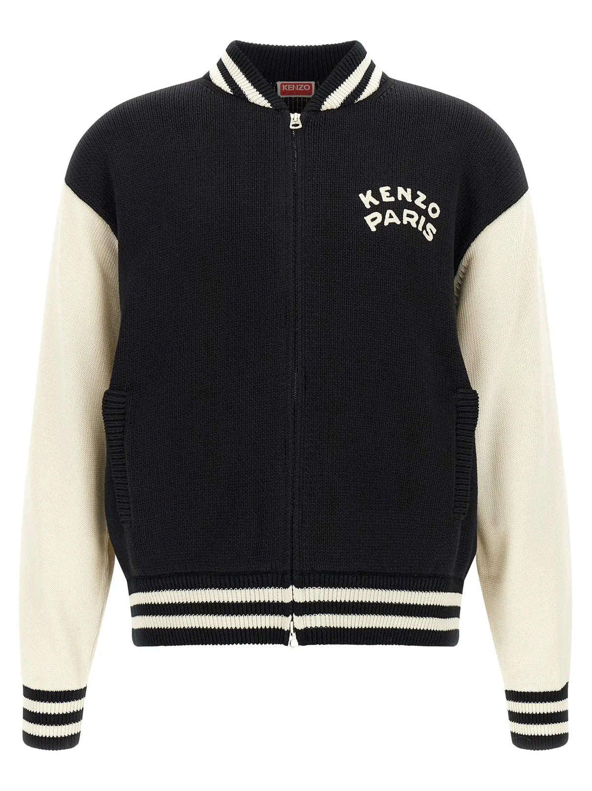Cardigan en coton bicolore kenzo noir et crème avec logo kenzo paris brodé blanc sur la poitrine