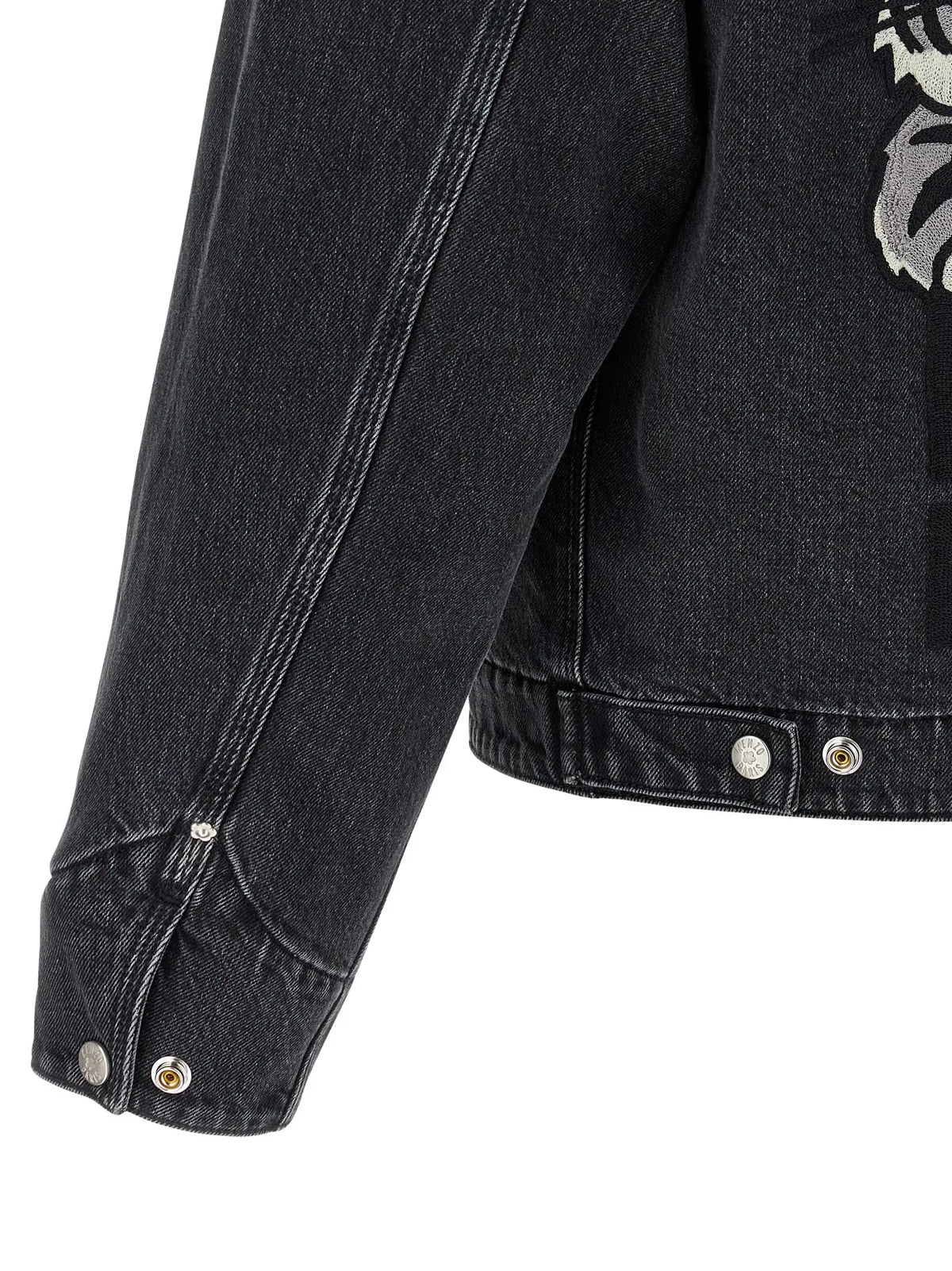 Veste en denim coton noire kenzo avec broderie argentée de loup sur la manche