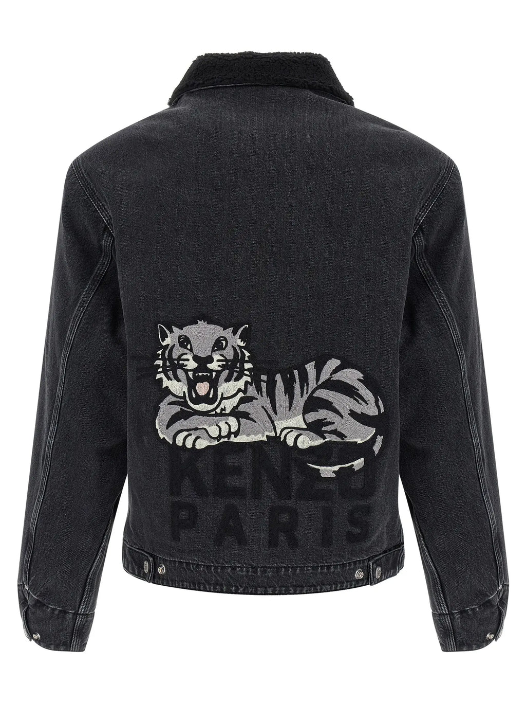 Veste en jean noire kenzo en coton avec tigre brodé et logo kenzo paris visible sur le dos