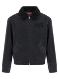 Veste en jean noire kenzo en coton avec col en shearling doux et broderie kenzo paris sur la poitrine