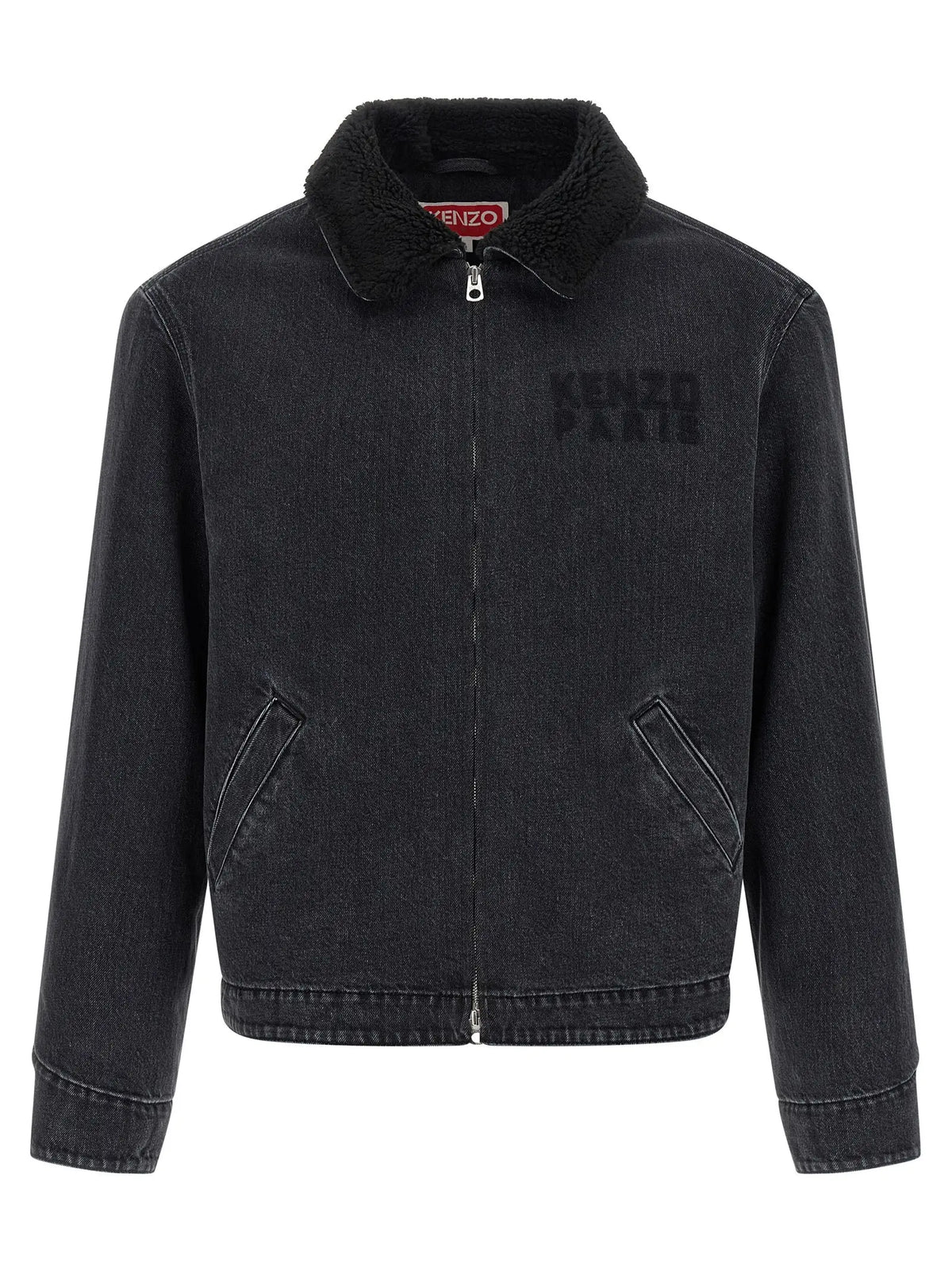 Veste en jean noire kenzo en coton avec col en shearling doux et broderie kenzo paris sur la poitrine