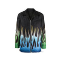Veste zippée noire kenzo en coton avec motif flammes dégradé vert bleu et jaune manches et bas verts contrastants