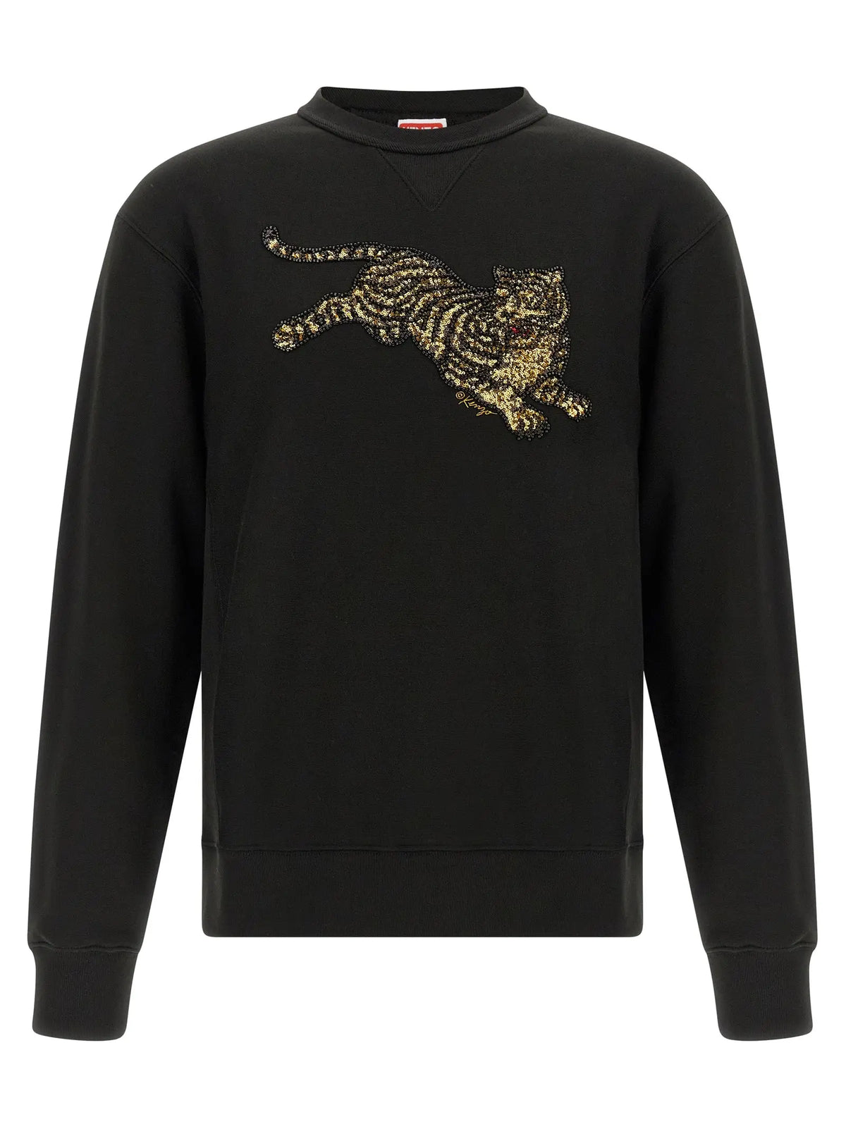 Sweatshirt noir kenzo en coton avec motif tigre doré scintillant sur la poitrine